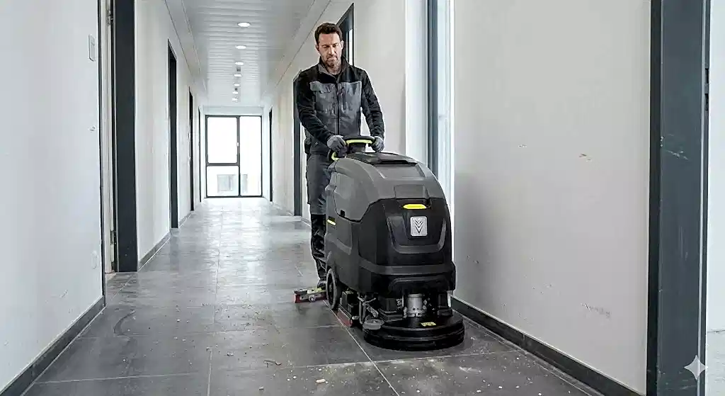 Empleado Promarco limpiando pasillos y zonas comunes luego de obra