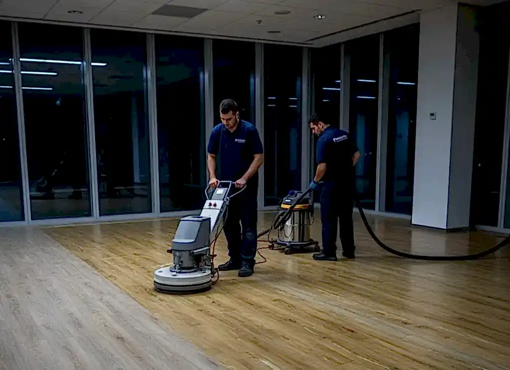 Personal de limpieza profesional utilizando una máquina abrillantadora industrial en un piso flotante de madera.