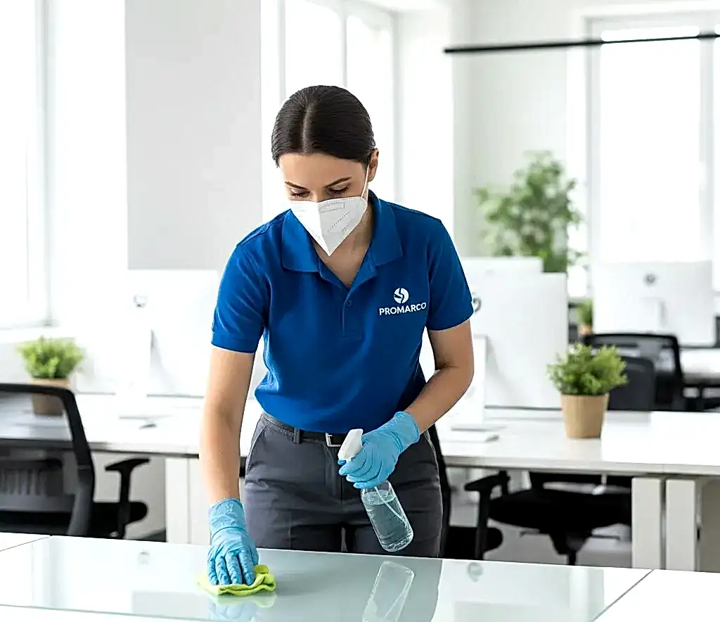 Auxiliar de limpieza con mascarilla y guantes desinfectando un escritorio de oficina con paño técnico.